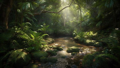 Tranquil scene of a wet tropical rainforest, untouched by humans generated by AI