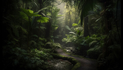 Mysterious tropical rainforest, lush green foliage, tranquil scene, wild animals generated by AI