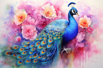 Beautiful Peacock, Watercolor Painting of Peacock on Flower.