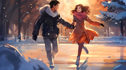 Couple in love ice skating under beautiful lighting	