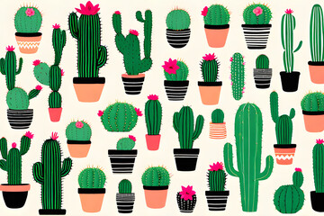 Cactus pots of various shapes are gathered together. It is round, elongated and diverse. The cactus pot is cute and pretty. It matches the interior. Generative AI.