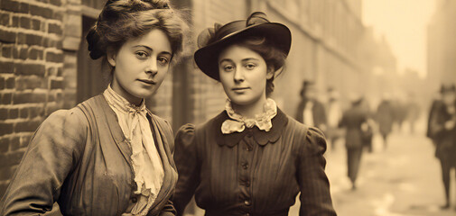 Two young women standing on a street in an old European city. Vintage 1900s style street photography.