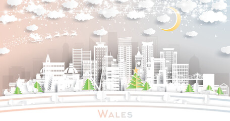 Wales. Winter City Skyline in Paper Cut Style with Snowflakes, Moon and Neon Garland. Christmas, New Year Concept. Santa Claus. Cityscape with Landmarks. Cardiff. Swansea. Newport.