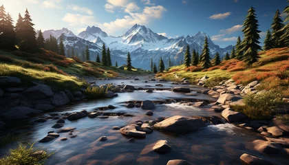 Zelfklevend Fotobehang Majestic mountain peak reflects tranquil sunset over flowing water generated by AI © Jemastock