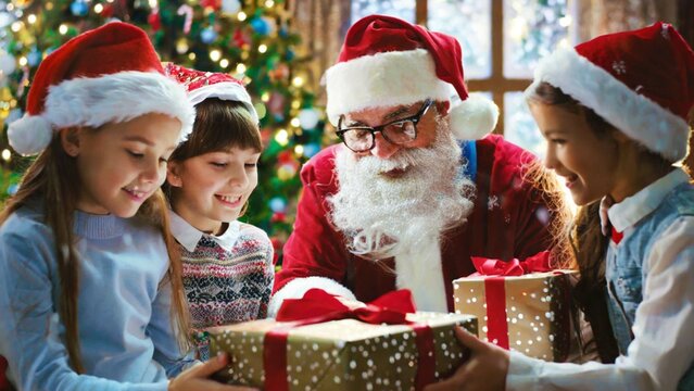 Image of a Christmas party in the snowy season in the house with children and Santa Claus.