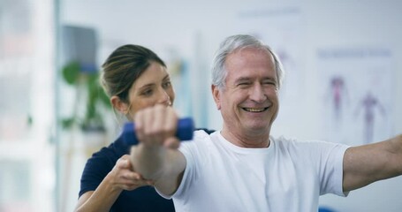Physiotherapist, dumbbell and senior happy man doing arm exercise, rehabilitation and expert check healing progress. Physiotherapy, healthcare support equipment or chiropractor helping elderly client - Powered by Adobe