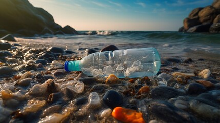 Plastic water bottle waste pollution pollutes the beach. World environment day concept - obrazy, fototapety, plakaty