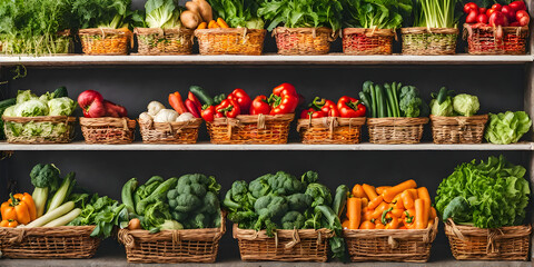fresh vegetables in basket on shelf in supermarket. - obrazy, fototapety, plakaty