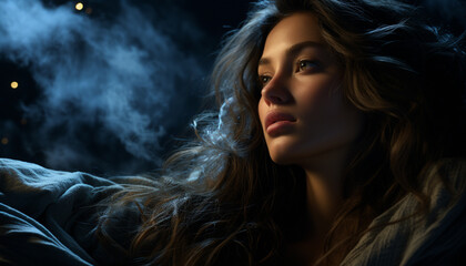 Young woman with long brown hair looking sensually at camera generated by AI