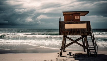 Lifeguard hut on the coastline, tranquil scene, blue wave generated by AI