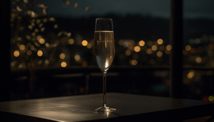 Nighttime celebration with champagne, wine, and elegant glassware generated by AI