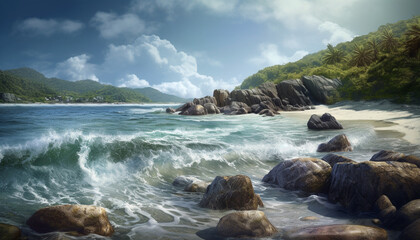 Fototapeta na wymiar Blue wave breaks on rocky coastline, reflecting tranquil summer beauty generated by AI