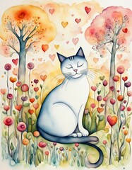 Watercolor painting of a cat sitting in a field of flowers