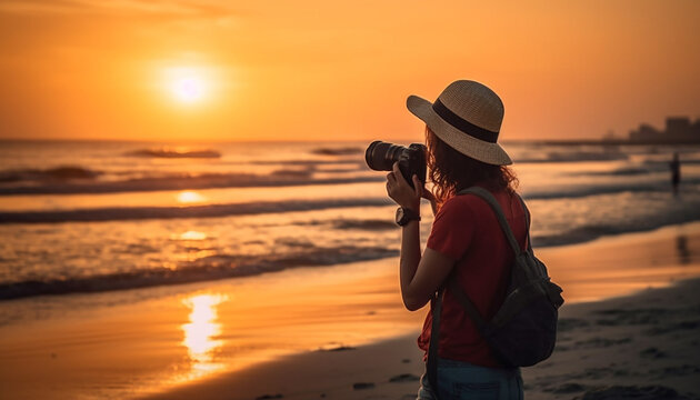 One person photographing nature, holding camera, capturing sunset generated by AI
