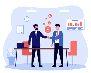 Two business men shaking hands in office. Flat vector illustration. Partnership, agreement, profit, business meeting concept