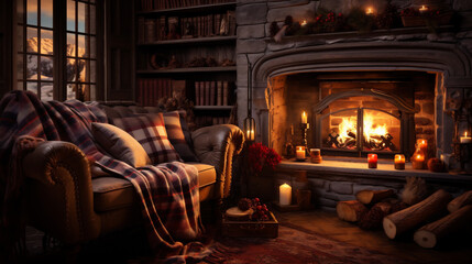Christmas interior with fireplace and christmas tree. 