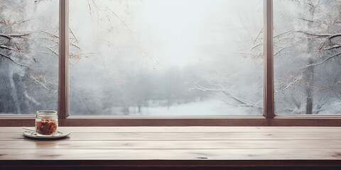 Mug of hot drink and winter window sill ,Frozen snowy winter scene through window ,Empty wood table top on blur window view with pine tree in snow fall of morning genertive ai