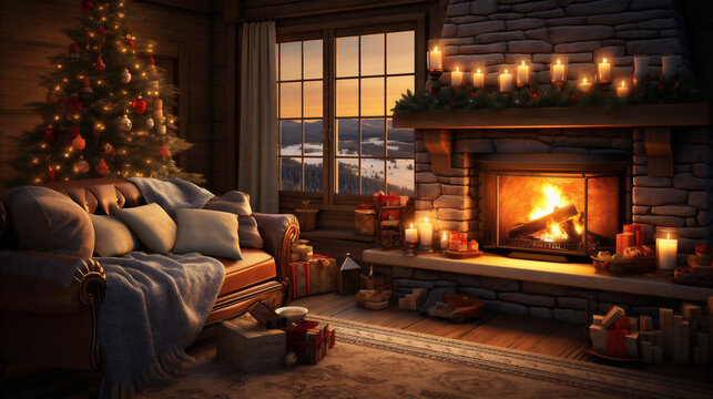 Christmas interior with fireplace and christmas tree. 