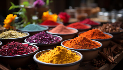 Vibrant colors of Indian culture in a multi colored spice bowl generated by AI