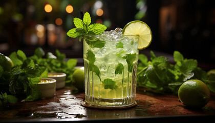 Fresh mojito cocktail with lime, mint leaf, and citrus fruit generated by AI