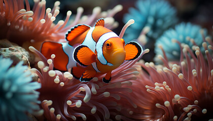 Vibrant clown fish swimming in colorful underwater reef generated by AI