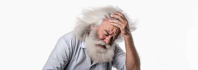 Studio portrait of upset old man with headache, beard and long scruffy hair, holding head in hand, white background