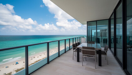 Modern chair on balcony overlooking tranquil tropical coastline and water generated by AI