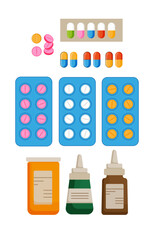 Pill icon isolated on white background. Medical bottle with label. Vector illustration.