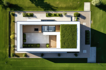 A small minimalist house with grass lawn