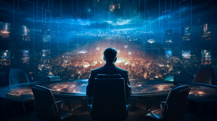 Fototapeta premium Businessman sitting on a chair with his back turned touching on infographic hud panel, futuristic, photography, on blue background 