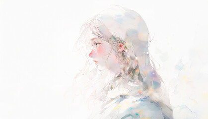 遠くを見つめる女性の淡い水彩画