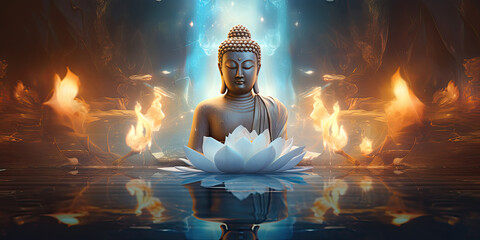 Glowing golden buddha and a big white lotus on water