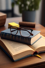 AI Generated reading glasses on library 