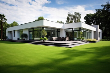 A modern minimalist house with green lawn
