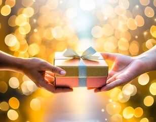 A hand is passing a gold gift box to another. Focus on the gift box gold Bokeh background