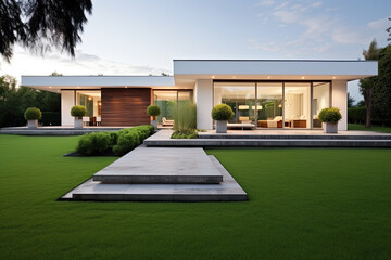 A modern minimalist house with green lawn