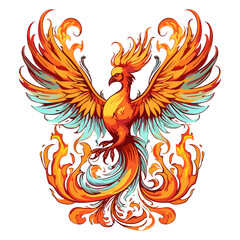 Obraz premium Majestic phoenix rising from the ashes with fiery plumage and wings spread wide sticker design, rebirth.