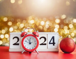  Gift box and 2024 calender and red o'clock on red table. Golden bokeh background. christmas