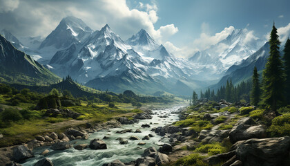 Majestic mountain peak reflects tranquil sky in serene wilderness generated by AI