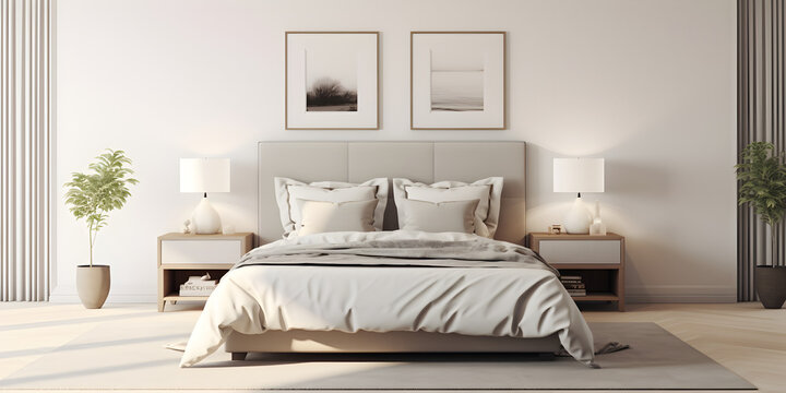 interior of a bedroom with a bed,Modern Bedroom Wall Art Frame Mockup With White Bed,Home Bedroom