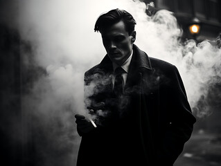 Man in Trench Coat Smoking (Black and White) - obrazy, fototapety, plakaty