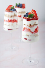 Strawberry milk yogurt desert in glasses