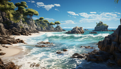 Tranquil sunset, waves crash on rocky coastline, nature beauty generated by AI