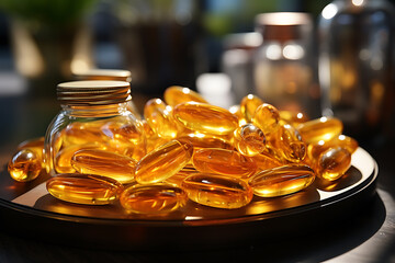 Fototapeta na wymiar Gelatin capsule of omega 3, 6, 9 fish oil, vitamin 