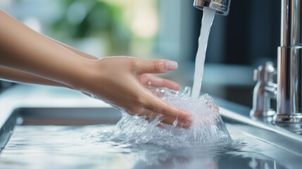 hand clean water washing clean hygiene in restroom basin countertop closeup