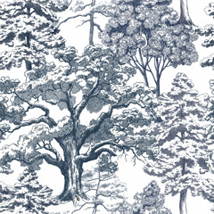 Beautiful seamless pattern with hand drawn forest trees. Stock illustration.
