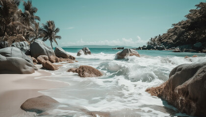 A tranquil scene of a tropical coastline, waves crashing on rocks generated by AI