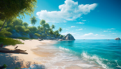 Idyllic tropical coastline, turquoise water, palm trees, sunset over horizon generated by AI