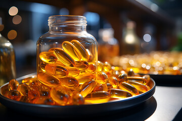 Gelatin capsule of omega 3, 6, 9 fish oil, vitamin 