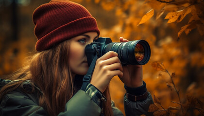 Young adult woman photographing outdoors with a camera in autumn generated by AI - obrazy, fototapety, plakaty
